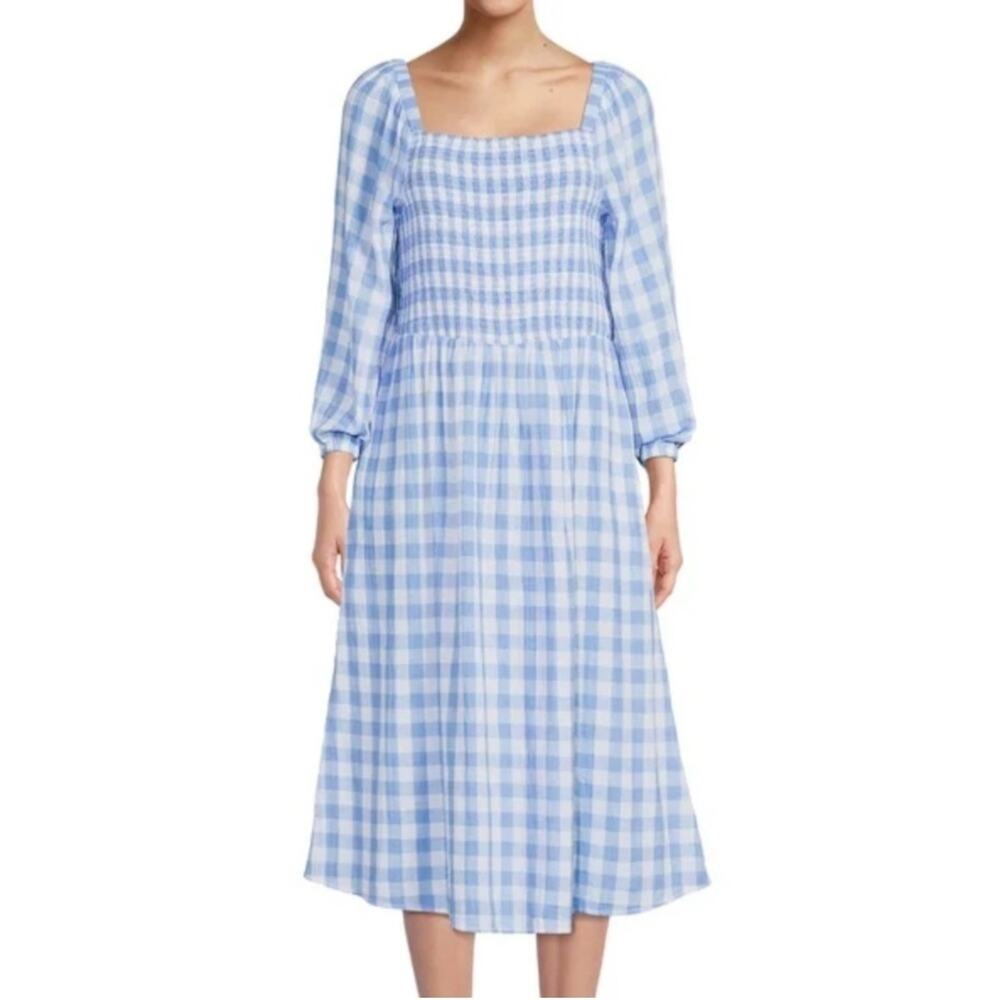 Beach Lunch Lounge Blue Gingham Cotton Gauze Midi Dress Womens S Smocked Cottage